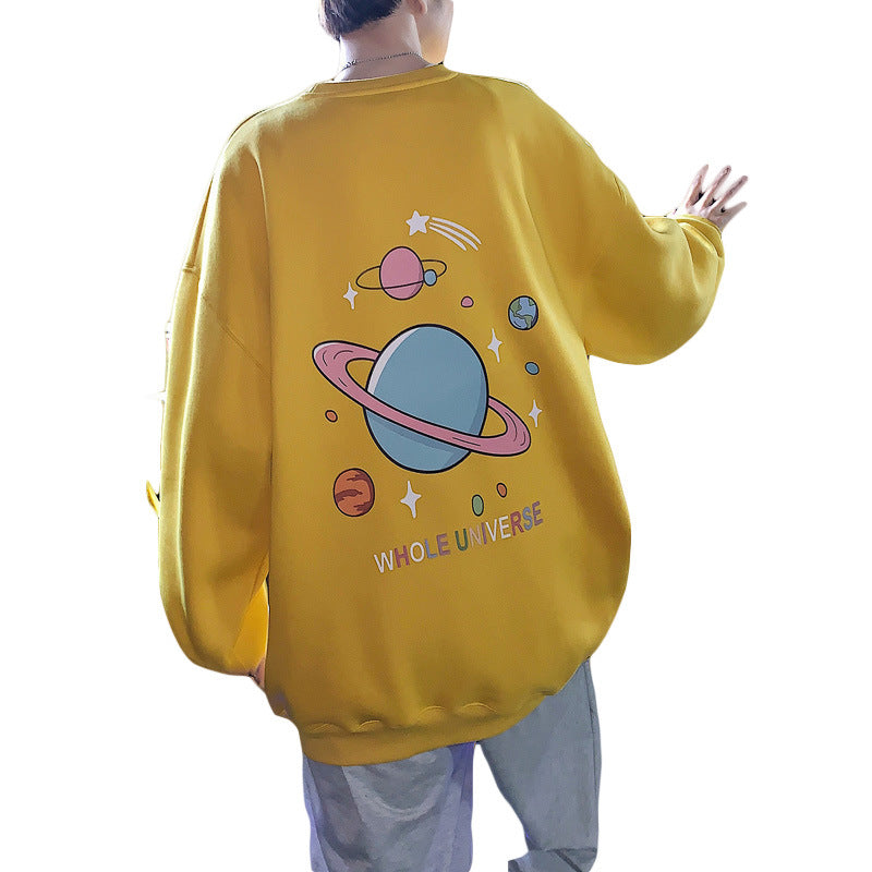 Men Hoodie Sweater Men's Spring and Autumn Printed Coat Hong Kong Style Loose round Neck