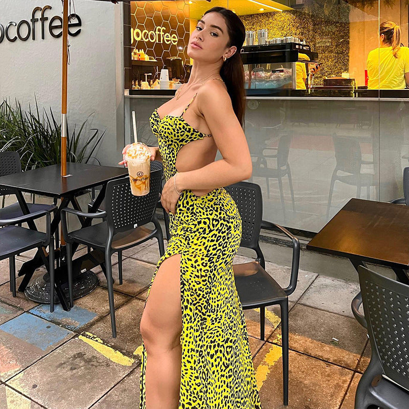 Jungle Print Maxi Dress Sexy Backless Spaghetti Straps Dress