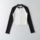 Women T-Shirt Retro Color Matching Long-Sleeved T-shirt Women's Autumn and Winter Zipper Cardigan