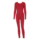 Women Jumpsuit Backless Pleated Slim-Fit Long Sleeve Solid Color Jumpsuit