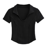 Women T-Shirt Polo Lapel Fitted Short T-shirt Short Sleeve Top