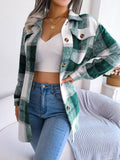 Plaid Trench Coat Casual Contrast Color Plaid Long-Sleeved Woolen Coat