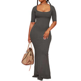 Women Dresses Square Collar Short Sleeve Long Dress