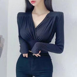Women Long Sleeve Shirt V-neck Long Sleeve Bottoming Shirt Slim Fit Slimming Waist Trimming Short