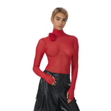Women Jumpsuit Turtleneck Long Sleeve Mesh Slim Fit Jumpsuit