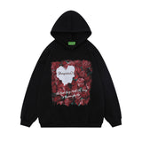 Men Hoodie Hooded Sweater Men's Printed Heart-Shaped Rose Loose Hoodie