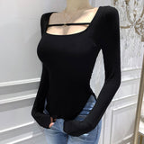 Women Long Sleeve Shirt Base Shirt Square Collar Figure Pure Desire Long Sleeve Spring and Autumn