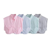 Women T-Shirt Striped Stitching Loose Shirt Top