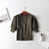 Women T-shirt V-neck Knitted Cardigan Women Retro Short T-shirt