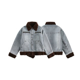 Unisex Jacket Winter Lamb Wool Stitching Denim Cotton Coat