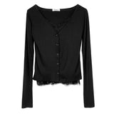 Women Long Sleeve Shirt V-neck Lace Stitching Camisole Long Sleeve Cardigan