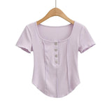 Women T-Shirt Short-Sleeved T-shirt Summer Stitching Button