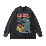 Men Long Sleeve Shirt Hip Hop Retro Cartoon Printed Distressed Long Sleeve T-shirt for Men and Women