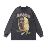 Men Long Sleeve Shirt Vintage Washed and Worn Long Sleeve T-shirt Male and Female Trendy Brand Loose