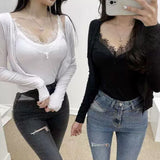 Women Long Sleeve Shirt V-neck Lace Stitching Camisole Long Sleeve Cardigan