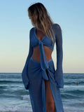 Women Sweater Dress Long Sleeve Knitted Two-Piece Seaside Skirt