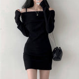 Women Dresses Knitted Dress off-the-Shoulder Sling Hip Skirt Long Sleeve Skirt