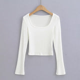 Women T-Shirt T-shirt Top Spring Bottoming Square-Cut Collar Slimming Long Sleeve