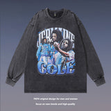 Men Long Sleeve Shirt Singing Portrait Printing Washed and Worn Long Sleeve Bottoming T-shirt for Men and Women