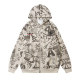 Men Hoodie Full of Graffiti Printed Hoodie Men's Two-Way Zipper Cardigan Sweater