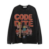 Men Long Sleeve Shirt Hip Hop Cartoon Printed Washed Long Sleeve T-shirt Men and Women Retro Bottoming