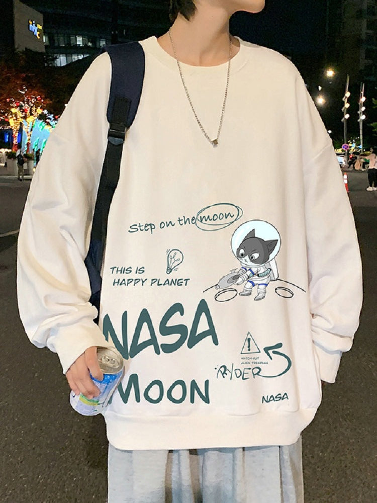 Men Hoodie Long Sleeve T-shirt Men Hong Kong Style Ins Hip Hop Loose round Neck