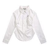 Women Long Sleeve Shirt White Shirt for Girls Spring and Autumn Casual Polo Collar Embroidered Shirt