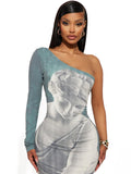 Women Dresses Autumn Fashion Sleeve Sexy Sheath Print Dress Women