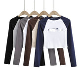 Women T-Shirt Fall Color Contrast Long Sleeve T-shirt Women Short Bottoming Shirt