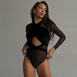 Women Jumpsuit Women's Mesh Velvet Stitching Long-Sleeved Jumpsuit