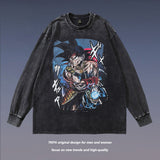 Men Long Sleeve Shirt Cartoon Animation Washed Long Sleeve T-shirt Men and Women Street Distressed