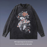 Men Long Sleeve Shirt Ukiyo-E Vintage Long Sleeve T-shirt Men and Women Oversize Washed Distressed