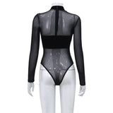 Women Jumpsuit Women's Mesh Velvet Stitching Long-Sleeved Jumpsuit