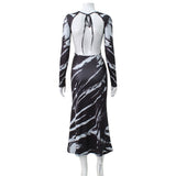 Women Desses Printed Dress Slim Fit round Neck Long Sleeves Hip Skirt