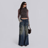 Women Cargo Pants Jeans Women Stitching Casual Straight Pants