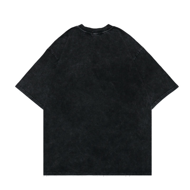 Men T Shirt Washed and Worn Gray Printed Loose T-shirt Summer Street
