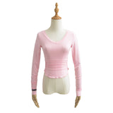 Women T-Shirt Waist Pleated Design V-neck Bottoming Shirt Women's Autumn