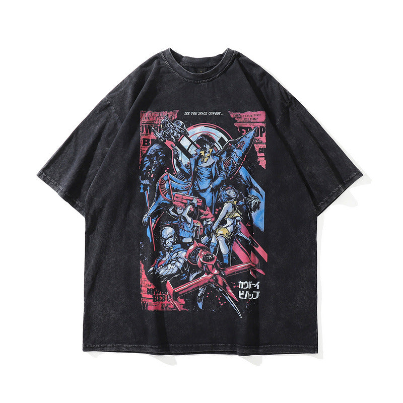 Men T Shirt Cotton Short-Sleeved T-shirt Men and Women Distressed Letters Anime Print