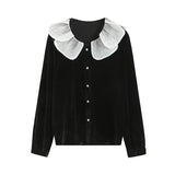 Women T-shirt Vintage Velvet Shirt Women Early Autumn Lace V-neck