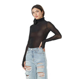 Women Jumpsuit Turtleneck Long Sleeve Mesh Slim Fit Jumpsuit