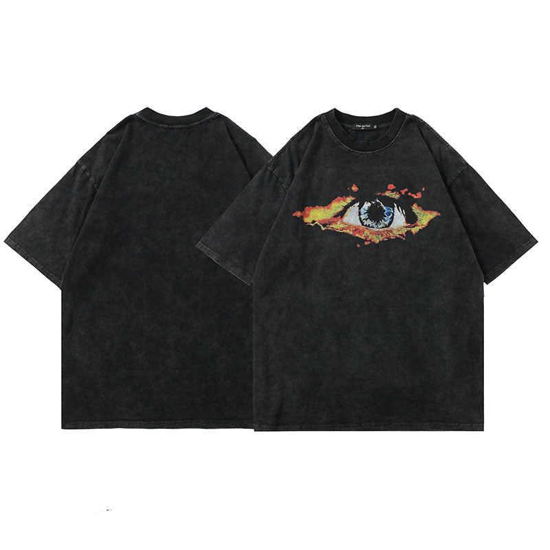 Men T Shirt Worn Looking Washed-out Short-Sleeved T-shirt Men's Fashion Brand Hip Hop Print Loose