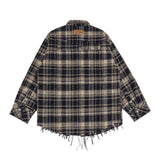Men Long Sleeved T Shirt Spring and Autumn Lattice Long Sleeve Shirt Coat Vintage Cat Raw-Cut Edges Loose Shirt
