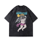 Men T Shirt Vintage Spoof Angel Graffiti Printing Distressed Short Sleeve T-shirt for Men and Women
