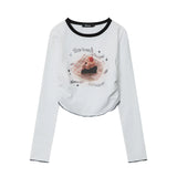 Women Long Sleeve T-Shirt Printed Pleated Short T-shirt for Girls Spring and Autumn round Neck
