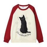 Men Hoodie Flocking Black Cat Embroidered Crew Neck Sweater