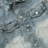 Men Denim Jacket Distressed Stitching Denim Jacket Men's Loose Pu Handsome Wash Jacket