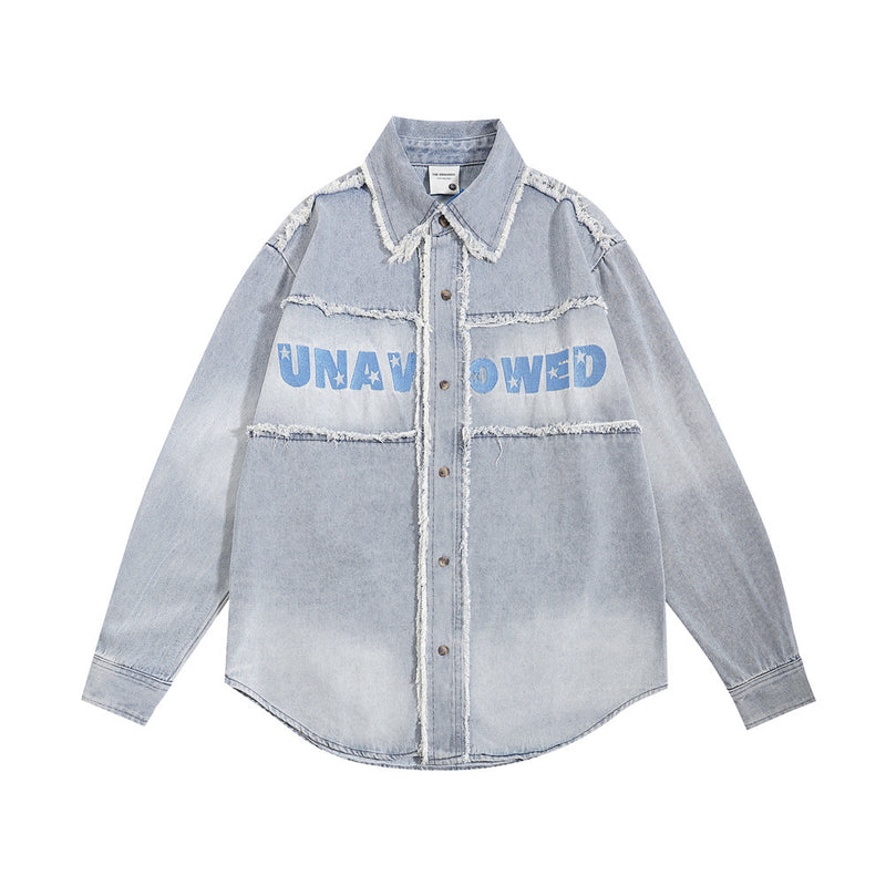 Men Long Sleeved T Shirt Letter Wash Denim Shirt Coat Spring and Autumn Men's Long Sleeve Shirt Jacket