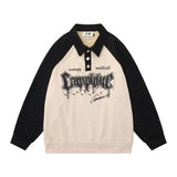 Men Hoodie Color-Block Raglan Sleeves Lapel Sweater Long Sleeve Pullover Polo Collar Loose Top