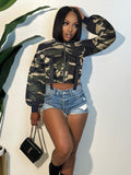 Women Co-Ord Set Camouflage Long-Sleeve Suit Denim Belt Trousers Suit