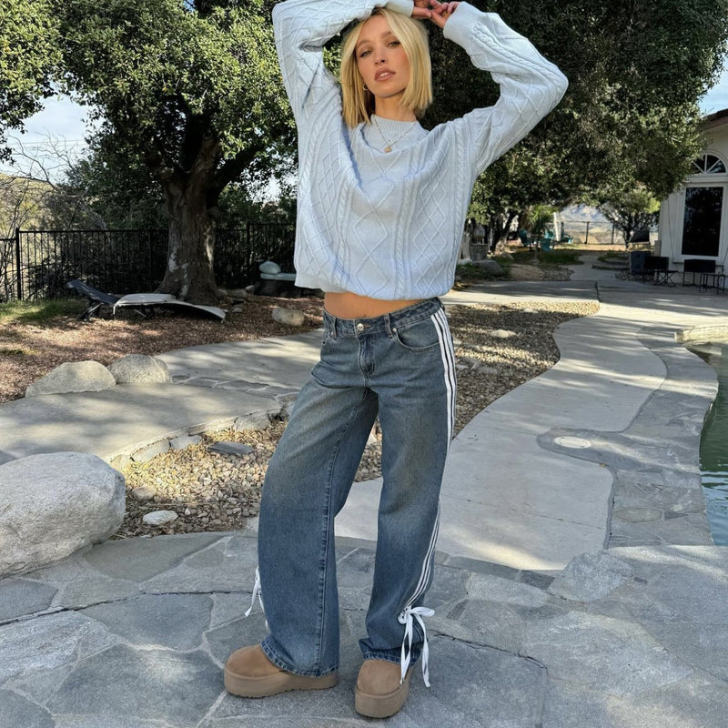 Women Cargo Pants Autumn and Winter Wide-Leg Jeans Striped Loose